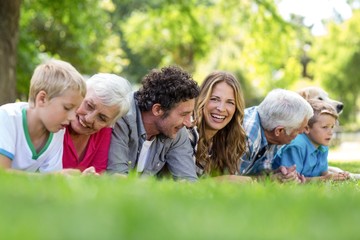 Fototapeta premium Family with dog lying on the grass in the park on a sunny day