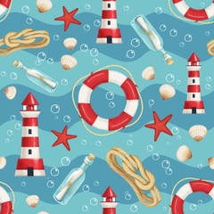 Materiał do szycia Nautical seamless pattern with lighthouse, lifebuoy, marine knot, letter in a bottle, starfish, shells and bubbles on wave blue background. Great for textile, wallpaper, fabric, wraping.