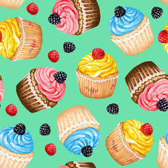Seamless pattern with colorful cupcakes, raspberries and blackberries on cyan background
