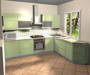 kitchen green 3D render interior  
