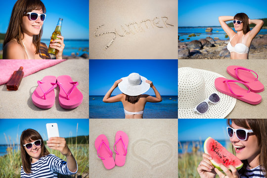 summer vacation and travel concept - pictures of happy woman on