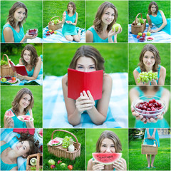 collage of young beautiful woman with fruits in summer park