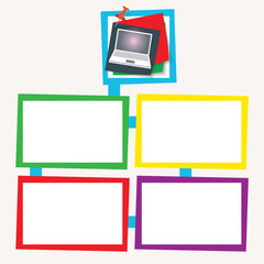 Four colored frames for your text with pushpin and laptop