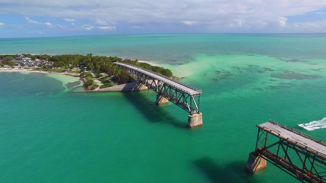 Bahia Honda old bridge, overhead view of Florida Keys on a beautiful day