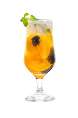 Peach and Blackberry Drink isolated on white background. Selective focus.