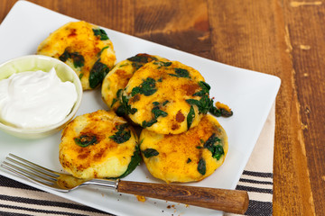 Leftover Mashed Potato Cakes With Spinach. Selective focus.