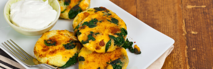 Leftover Mashed Potato Cakes With Spinach. Selective focus.