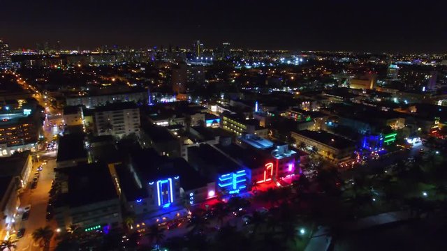 MIAMI BEACH -FEBRUARY 2016: Night aerial view of Ocean Drive. This is a street full of restaurants