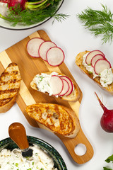 Bread Toasts with White Cheese and Radishes. Selective focus.
