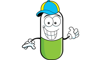 Cartoon illustration of a pill capsule giving thumbs up and wearing a baseball cap.