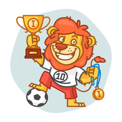 Lion Footballer Holding Cup and Medal