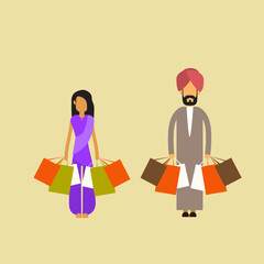Indian Couple Man Woman Hold Shopping Bags