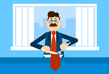 Busy Business Man Cut His Tie On Plate Concept