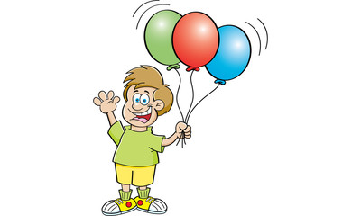 Cartoon illustration of a boy holding balloons.