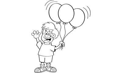 Black and white illustration of a boy holding balloons.