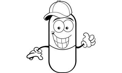 Black and white illustration of a pill capsule giving thumbs up and wearing a baseball cap.