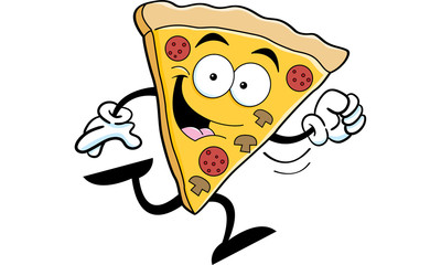 Cartoon illustration of a slice of pizza running.