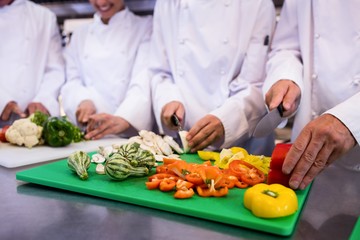 Close-up of chefs chopping vegetables