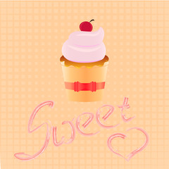 Cake shop logo, sweet cupcake with pink cream and ribbon, retro dessert emblem template design element.