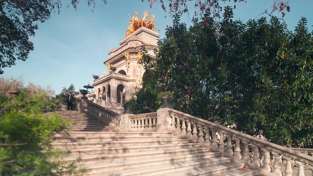 barcelona sun light fountain stairs in park de la ciutadella 4k time lapse spain

