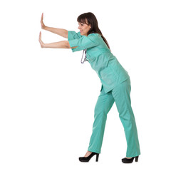 Female doctor  pushing or leaning on wall