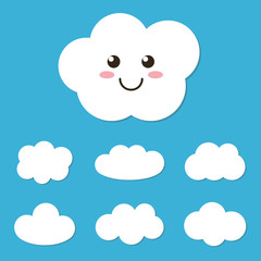 Flat design cartoon cute cloud character and cloud set, collection on blue background.