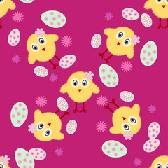 Vector Seamless texture Easter Chickens and Egg, Holiday background