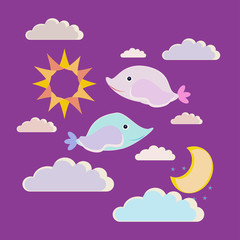Children's image on the theme of Good Night with Fish, Moon and Sun. Vector illustration 