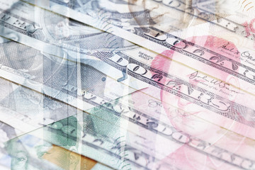 Fotomontage Dollar, chinesische Renminbi und Geschäftsmann mit Koffer im Hintergrund