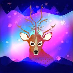 Deer on the background of the Northern Lights in cartoon style