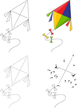 Cartoon colorful kite. Dot to dot game for kids