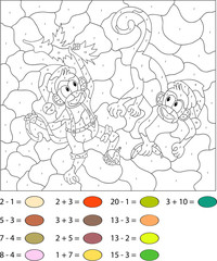 Funny cartoon Christmas monkeys. Color by number educational gam