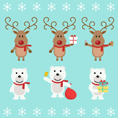 Obraz premium Polar bear and Christmas reindeer. Funny cartoon character. Vector illustration. Isolated on white background. Set