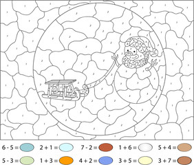 Funny cartoon snowman with sledge. Color by number educational g