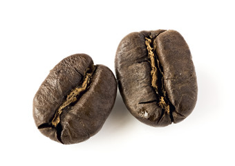 Two roasted coffee beans close up isolated on white