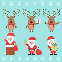 Santa Claus and Christmas reindeer. Funny cartoon character. Vector illustration. Isolated on white background. Set