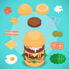 Flat burger with various additions for customization
