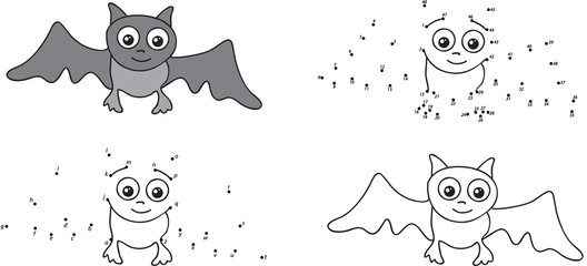 Cartoon bat. Coloring book and dot to dot game for kids