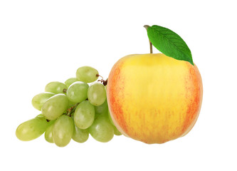 Fresh yellow apple and grape, isolated on white
