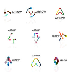 Set of linear arrow abstract logos, connected multicolored segments lines in directional pointer figures