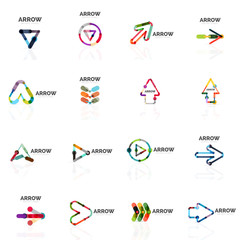 Set of linear arrow abstract logos, connected multicolored segments lines in directional pointer figures