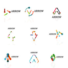 Set of linear arrow abstract logos, connected multicolored segments lines in directional pointer figures