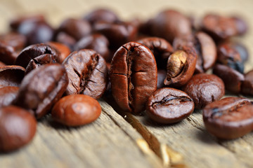 Coffee Beans closeup on wooden table
