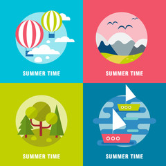 Summer  landscape background banners. Flat mountains vector with island. Outdoor landscape tourism. Nature landscape. Bright flat river and island with hills and forest for web text banners