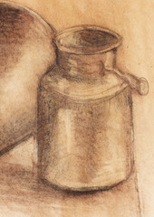 Drawing kettle milk on old paper. Original hand draw.