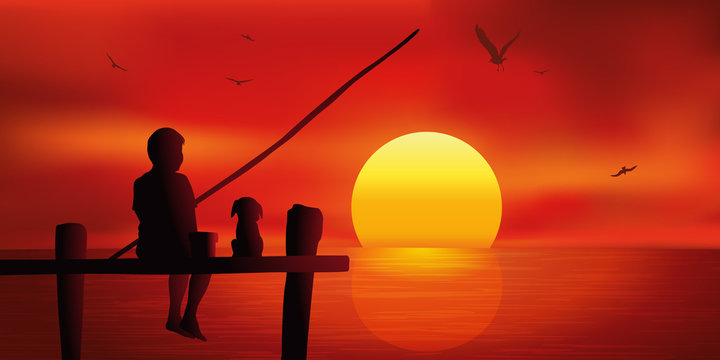 Enfant pêche - chiot - coucher de soleil