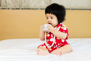 Asian child boy wearing flower shirt