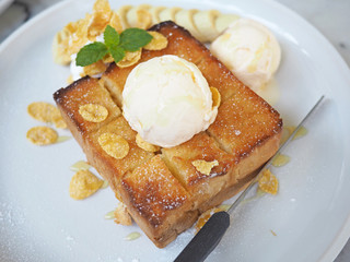 Honey toast with banana and vanilla ice cream
