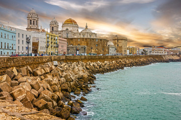 Cadiz, Spain. Seafront Cathedral Campo del Sur - obrazy, fototapety, plakaty