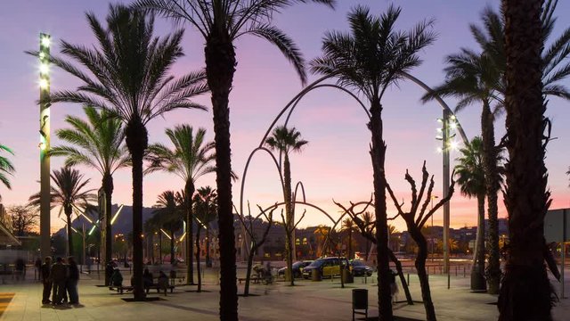barcelona sunset palm port vell view metal sculpure 4k time lapse spain
